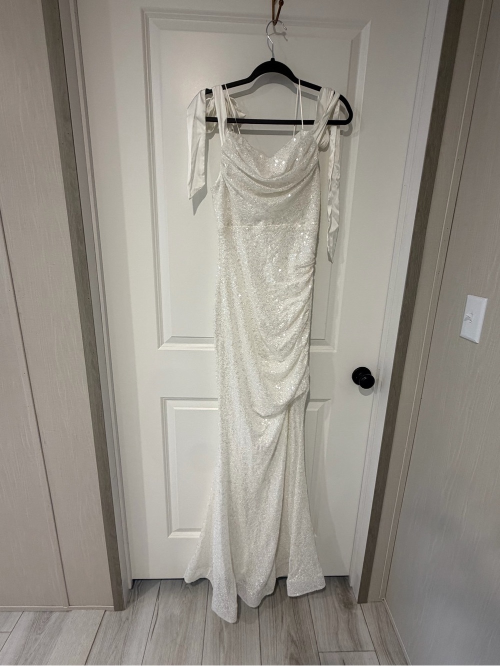 Bella & bloom Sequin Cowl Neck Tie-Shoulder Wedding Gown in White